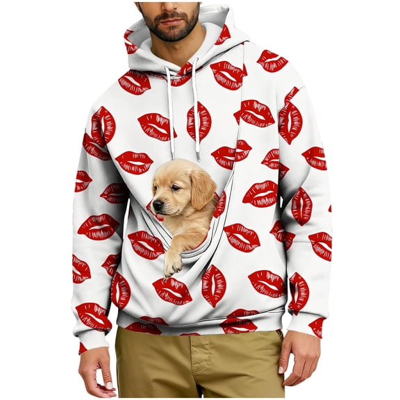 Lcziwo Pet Pocket Hoodies for Men Kangaroo Pocket Valentine's Day Pullover Oversized Casual Heart Print Hooded Sweatshirt for Dog Cat White,L