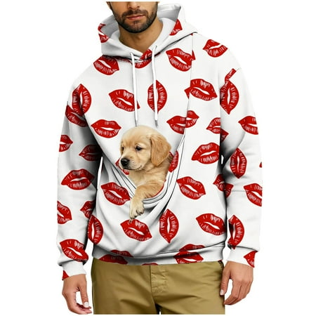 Lcziwo Mens Hoodies with Pet Pouch Fall Winter Warm Cute Kangaroo Pullover Casual Valentine s Day Heart Print Sweatshirt Trendy Clothes White XXL