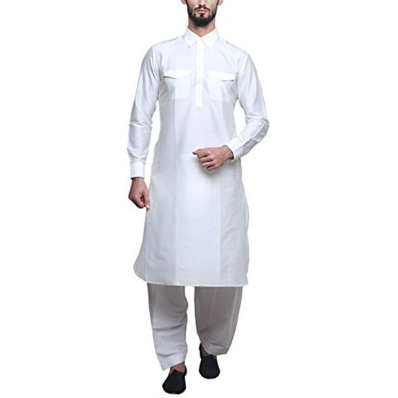 Royal Kurta Mens White Silk Blend Festive Pathani Suit
