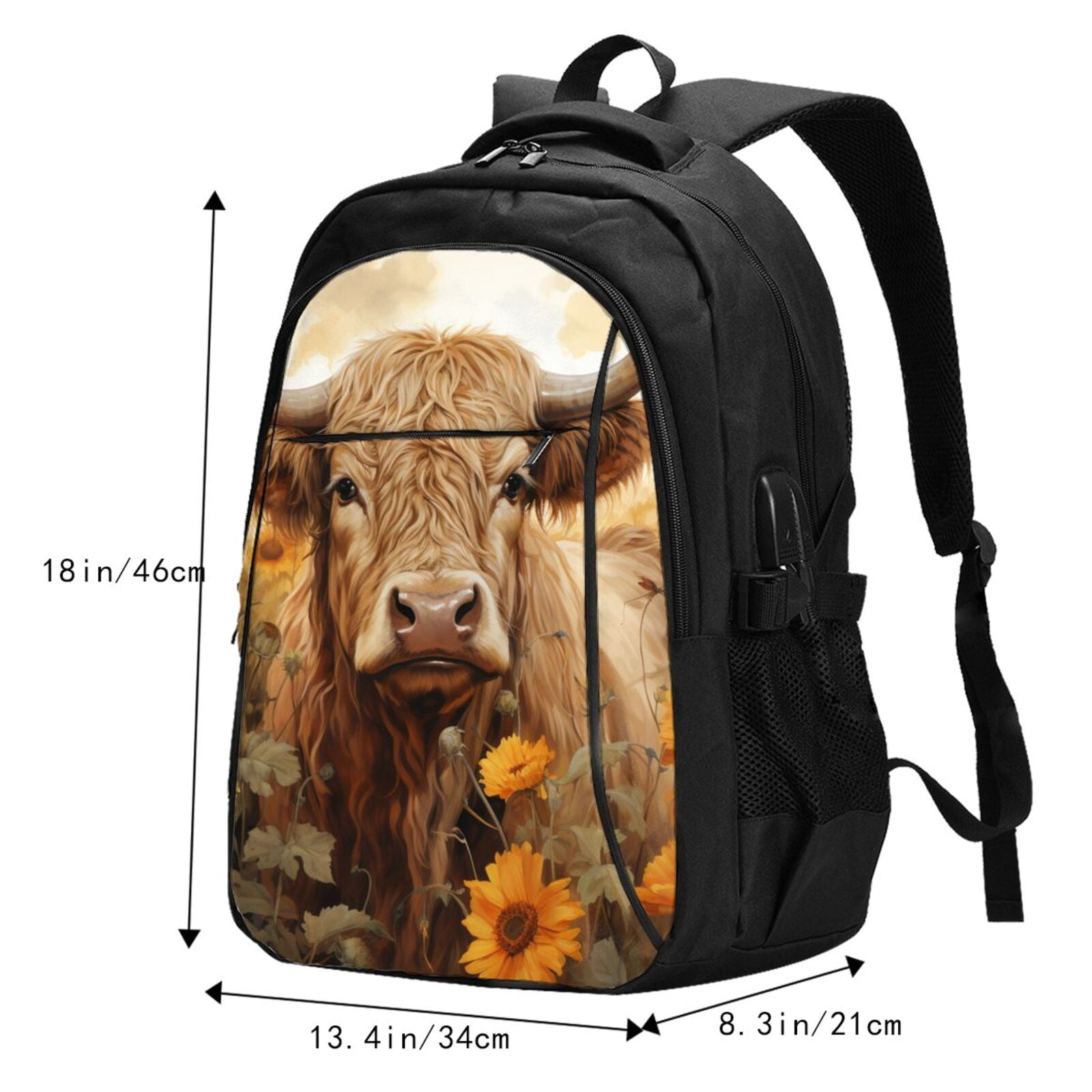 Vsdgher Vintage Sunflower Cow Print Travel Laptop Backpack, Laptops Backpack with USB Charging Port, Water Resistant Computer Bag Gift for Men & Women