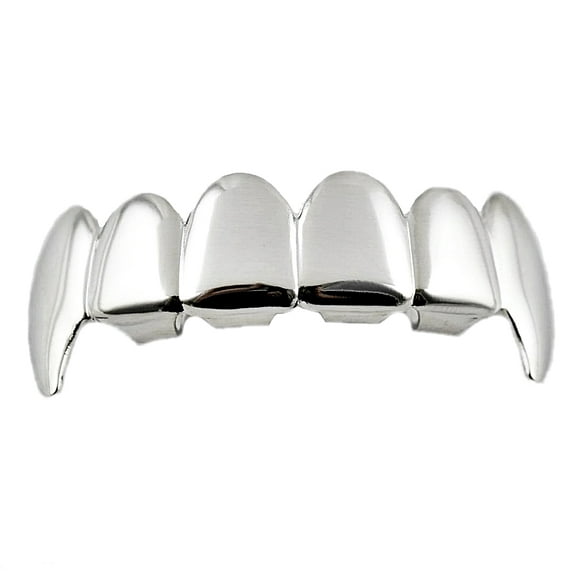 Fang Grillz Top Teeth Silver Tone Plain Upper Fangs Hip Hop Dracula Vampire Grills