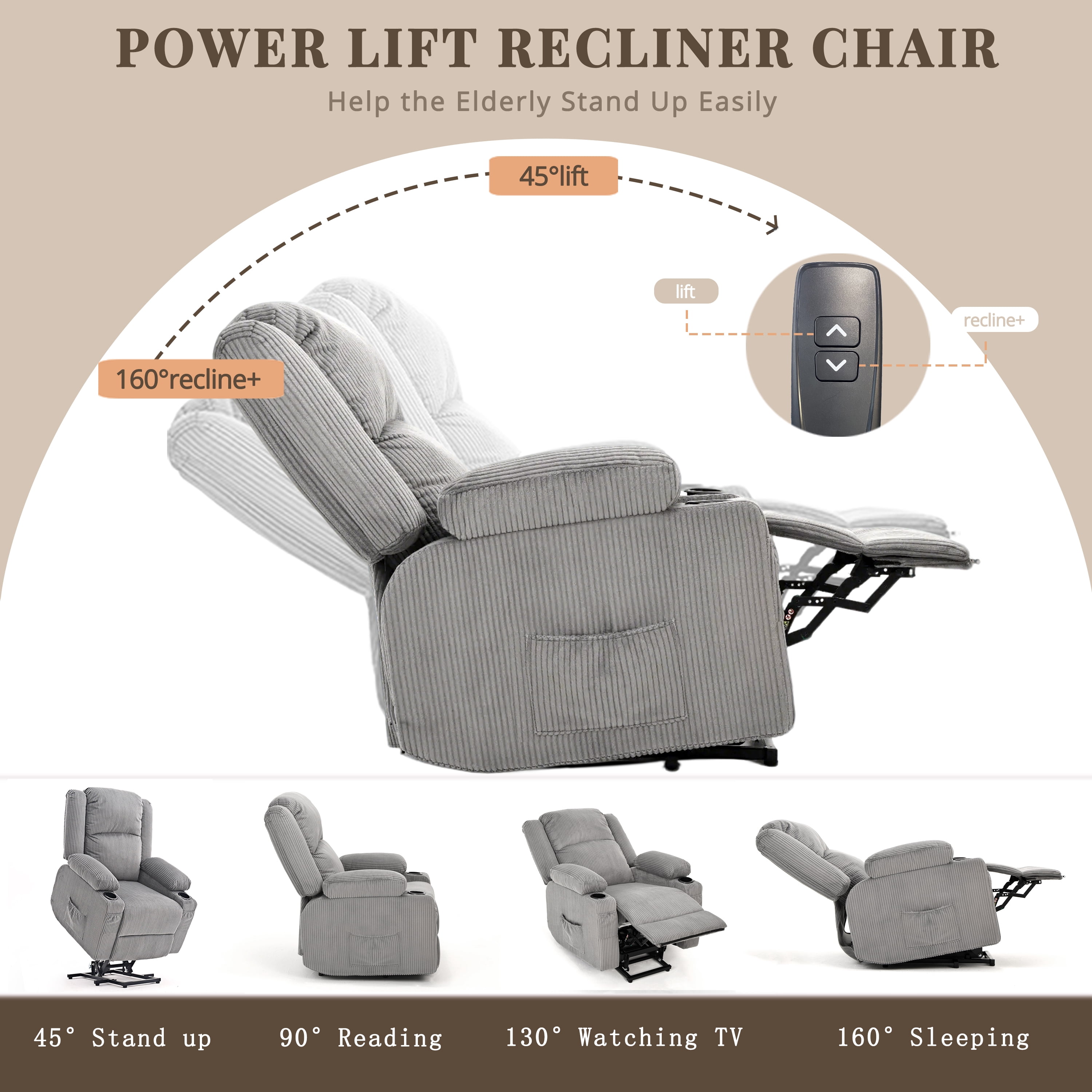 IKAKOS Power Lift Recliner Chair with Massage and Heat, 400 lbs Heavy Duty, Grey