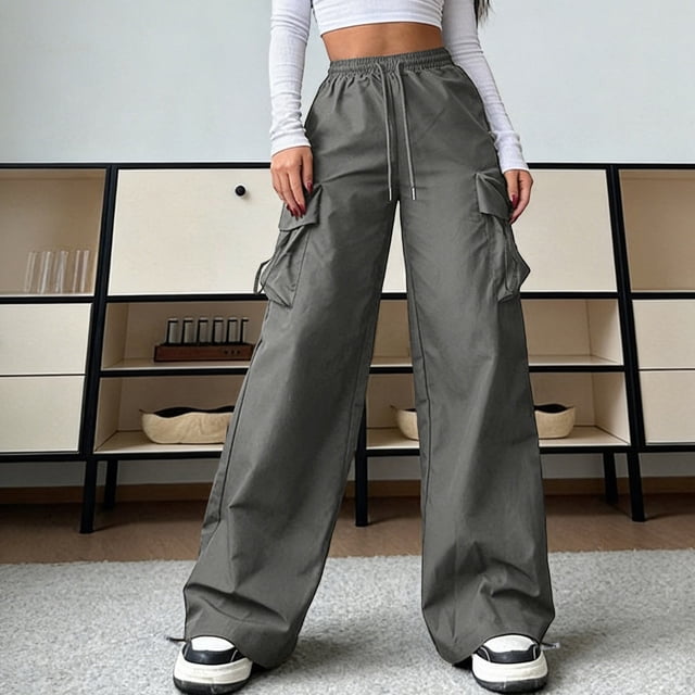 Neewe Womens High Waisted Loose Casual Long Straight Cargo Pants Elastic Drawstring Trousers with Pockets