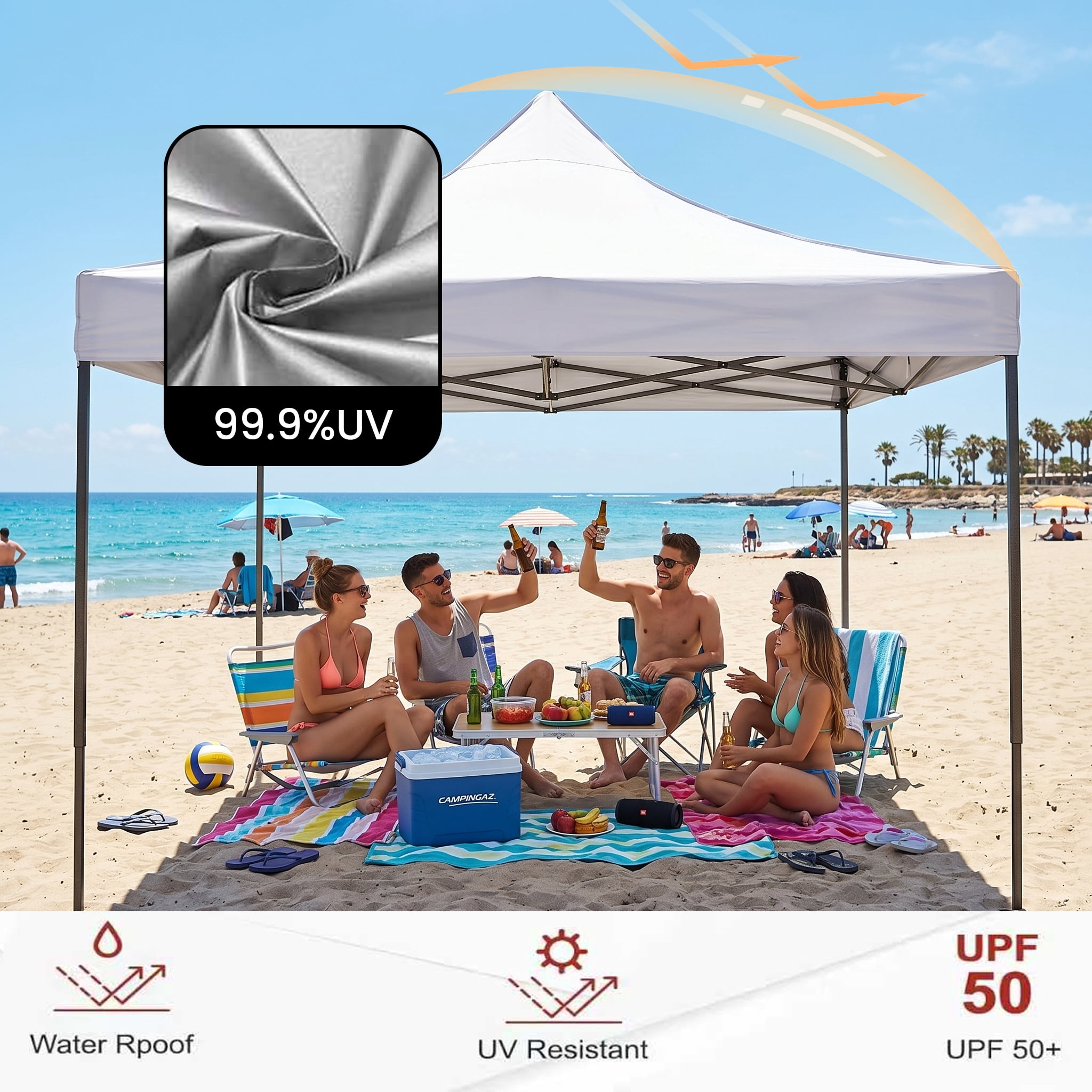 10'x10' Pop Up Canopy Tent, White Silver-Coated Top UPF50+ Water-Resistant, 4 Adjustable Heights (6.7-7.6ft), Includes Sandbags Stakes Ropes Carry Bag