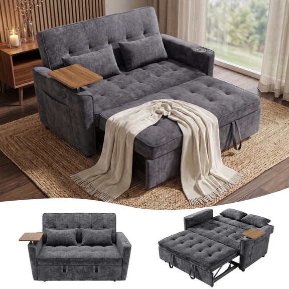 Xiweot 54" Convertible Sleeper Sofa Bed, Full Size Pull Out Couch with Adjustable Backrest, USB Ports & Cup Holder, Chenille Loveseat Sleeper for Apartment Living Room, Dark Gray