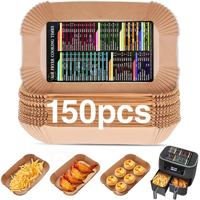 Hocent Air Fryer Liners for Ninja, 150 PCS Non-Stick Disposable Parchment Paper Liners for Ninja DZ201/DZ401 Dual Air Fryer, Food Grade Air Fryer Accessories with Cook Times, Rectangle 8.7 x5.6 inch