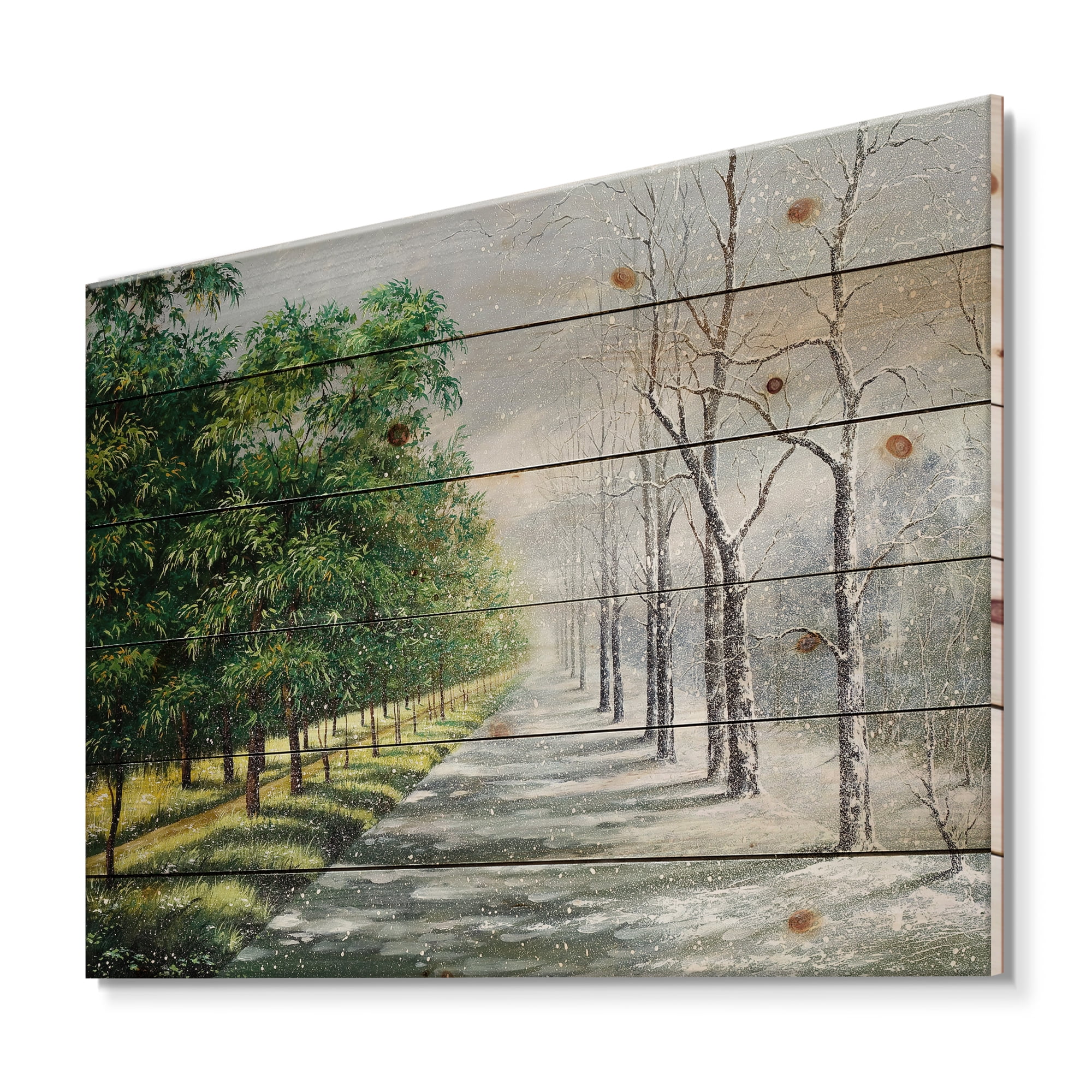 Designart 'Summer and Winter United' Country Print on Natural Pine Wood