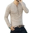 thumbnail image 1 of Haut Homme Col Rond Bouton Blouse Manches Longues T-shirt Homme Long Décontracté Coupe Ajustée T-shirt, Kaki, G, 1 of 5
