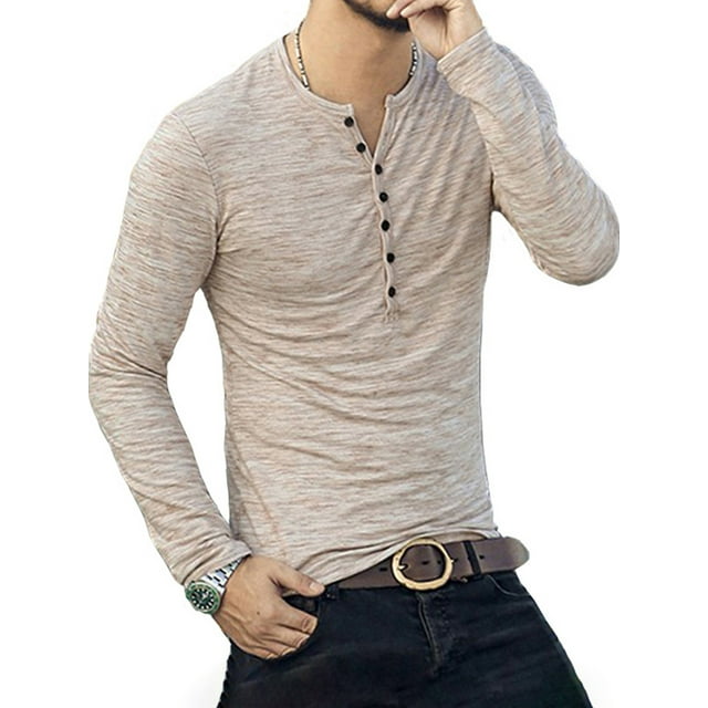 Haut Homme Col Rond Bouton Blouse Manches Longues T-shirt Homme Long Décontracté Coupe Ajustée T-shirt, Kaki, G
