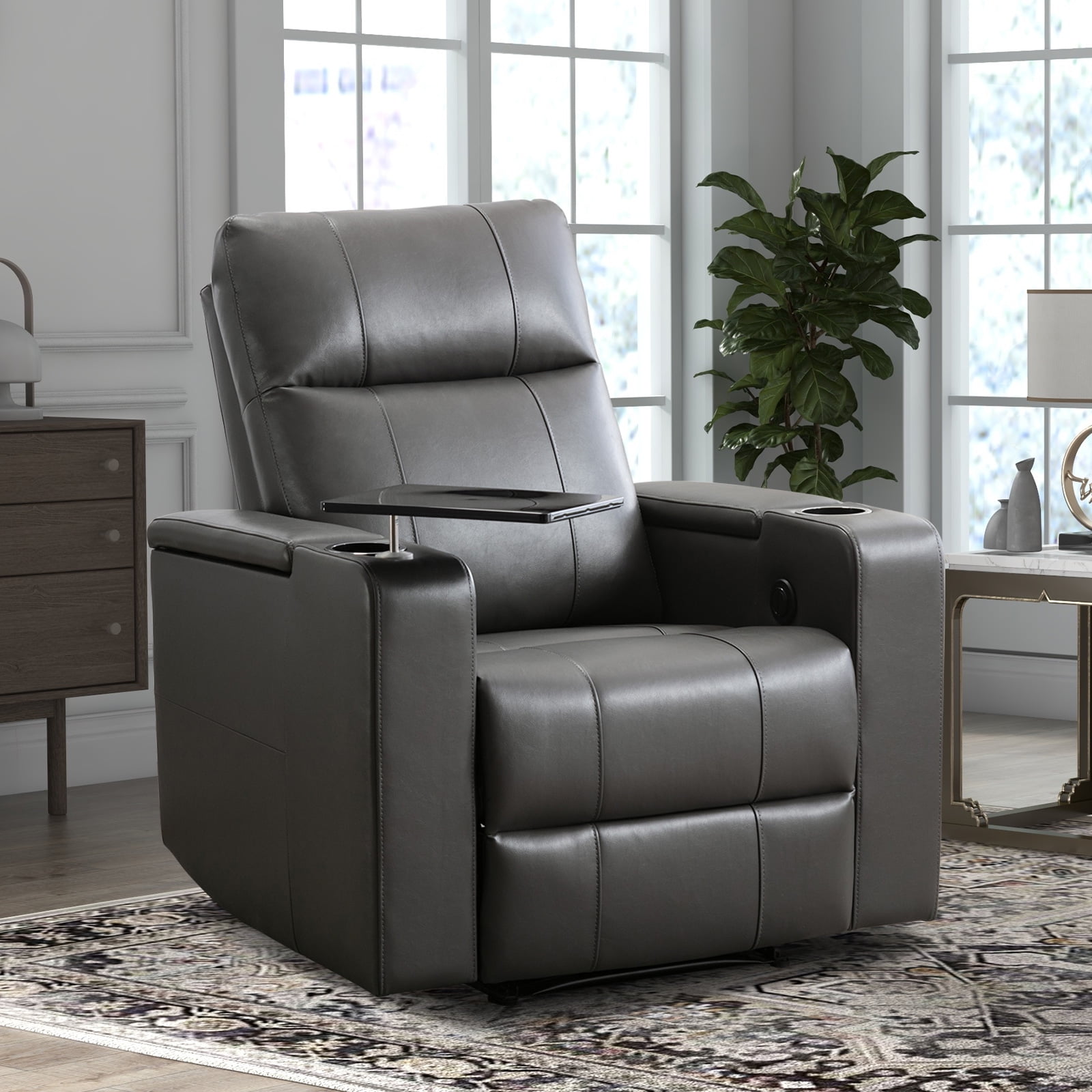 Bonzy Home Power Electric Recliner Chair, PU Leather Home Theater Seating with Cup Holders, USB Port & Hidden Storage, Single Movie Recliner for Living Room Media Room, Gray