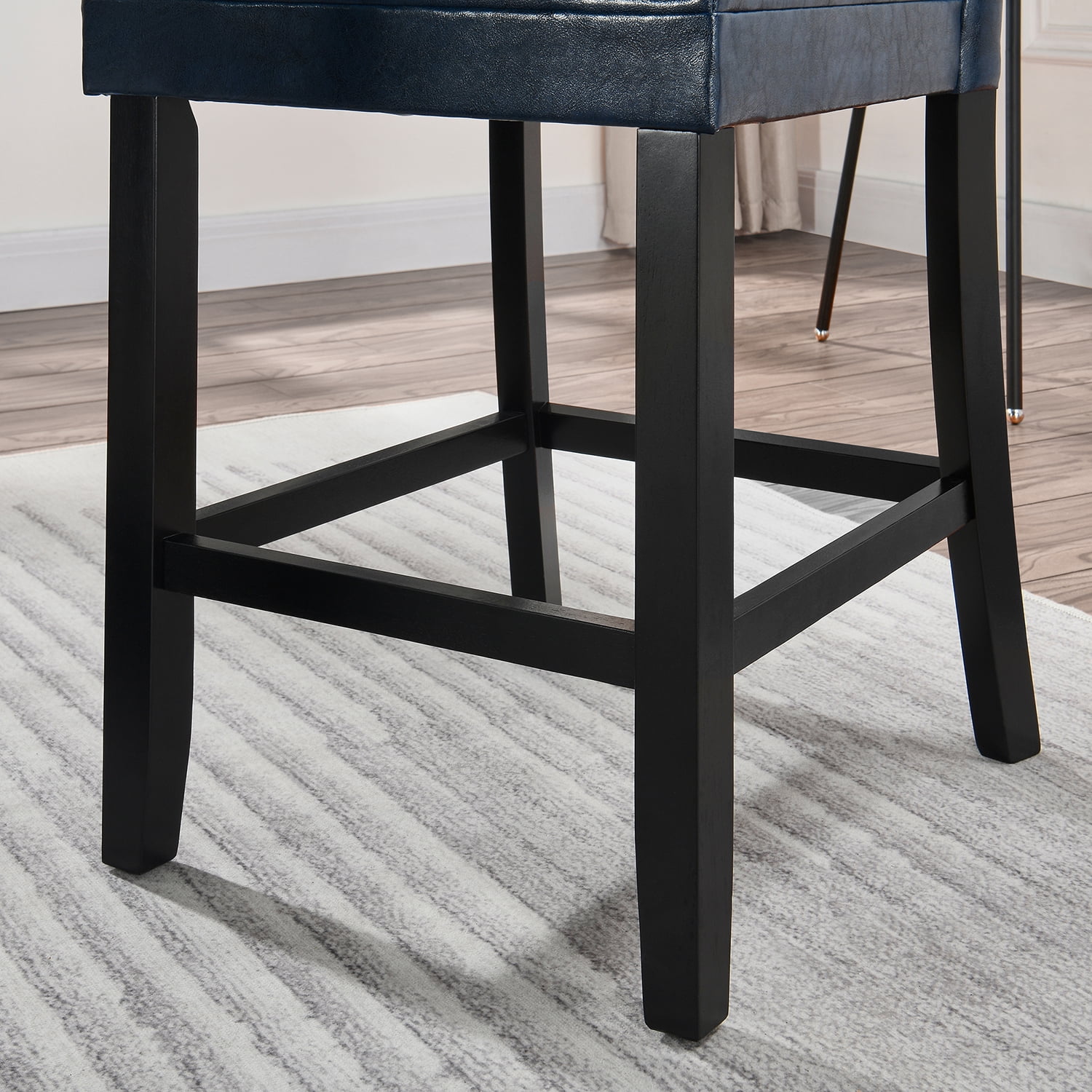 BAXMUY Set of 4 Counter Height Bar Stools, 25.6" Seat, Dark Blue, Solid Wood & Faux Leather Bar Chairs for Kitchen Island & Home Bar
