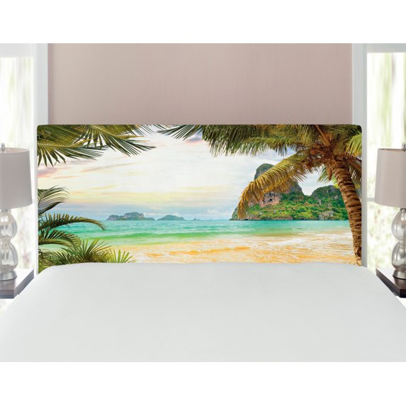 Ocean Headboard, Palm Coconut Trees and Ocean Waves Mountains on Paradise Island Beach Image, Upholstered Decorative Metal Bed Headboard with Memory Foam, Full Size, Green Brown Cream, by Ambesonne