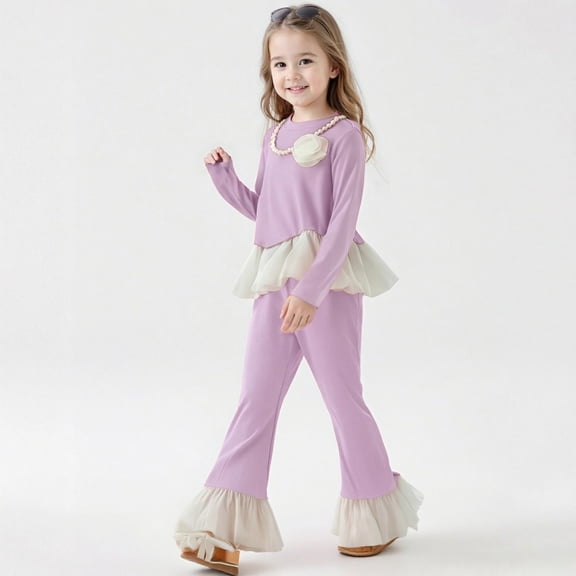 REDARER Girls 2-Piece Set, Ruffle Hem Top & Flared Pants with Free Necklace, Autumn Outfit for School and Casual Wear,Size:2-3 Years