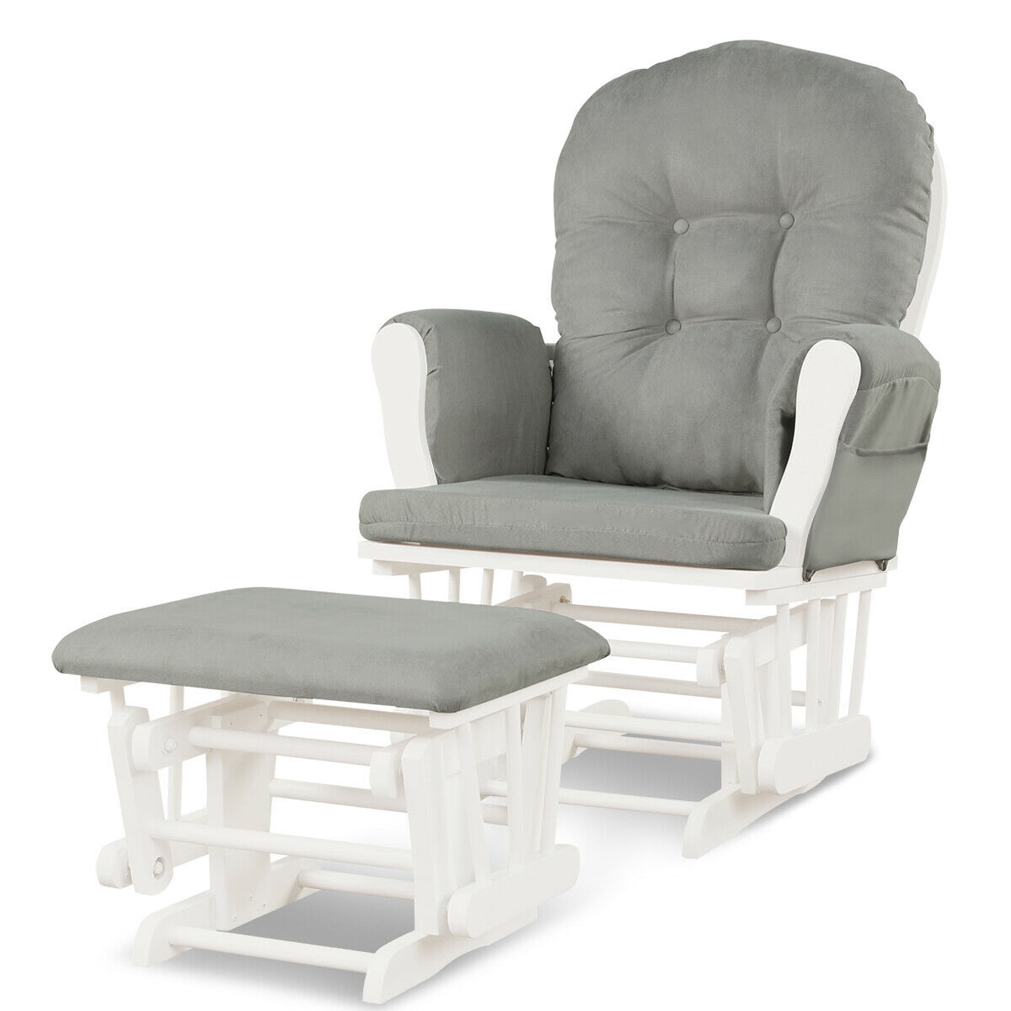Gymax Baby Nursery Rocking Chair Glider and Ottoman Cushion Set Wood White Finish with Light Grey Cushions