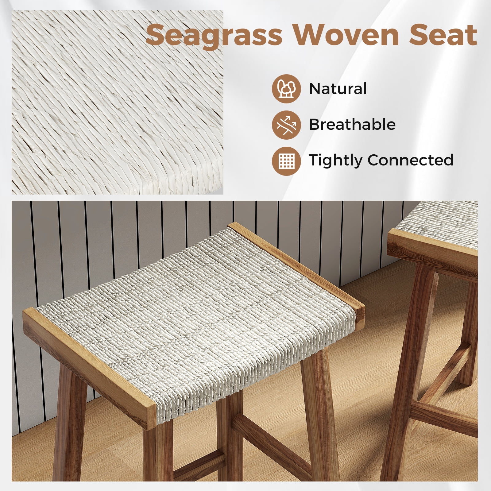 BLACK JAGUAR Bar Stools Set of 2 25.5” Counter Height Bar Stools with Seagrass Woven Seat Solid Wood Frame & Comfortable Footrests
