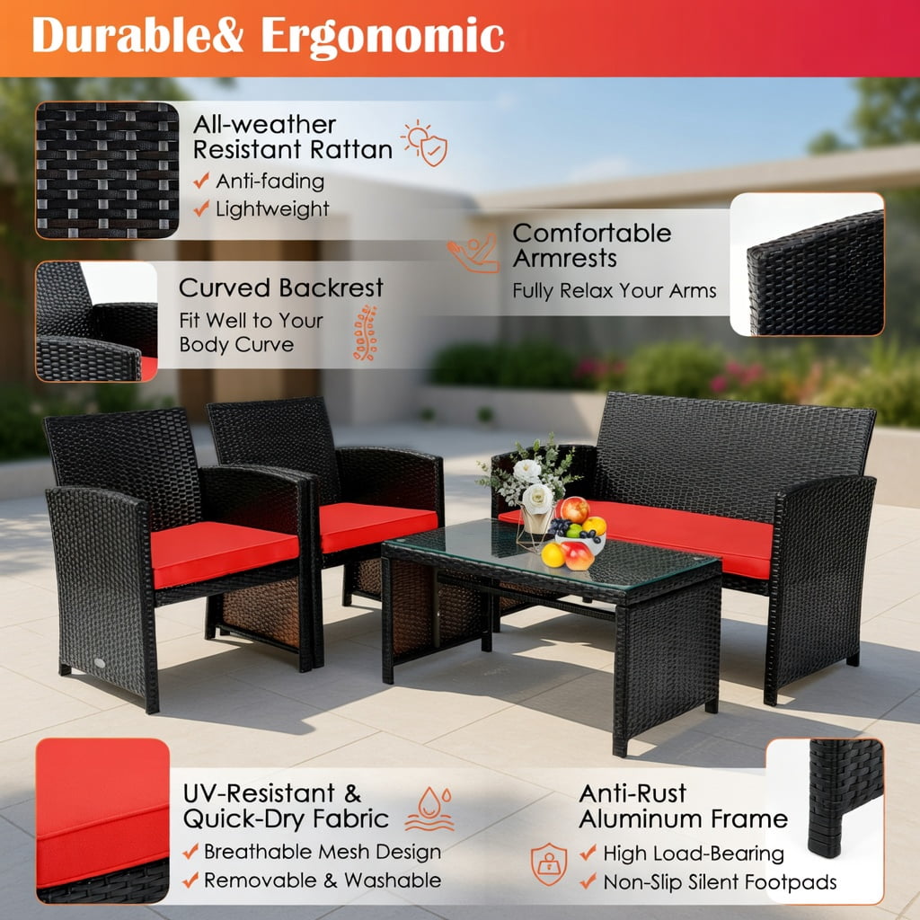 Hommoo 4-Piece Outdoor Rattan Patio Furniture Set with Cushions, Loveseat, 2 Chairs, Tempered Glass Coffee Table, Red