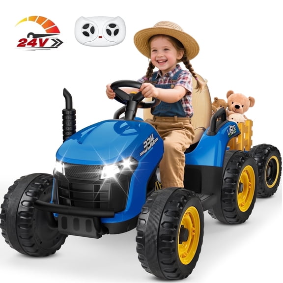TOKTOO 24V Powered Ride on Tractor Max 4.3Mph w/ EVA Tires, Tippable Trailer, Remote Control, Tractor Ride on Toy for Kids- Blue