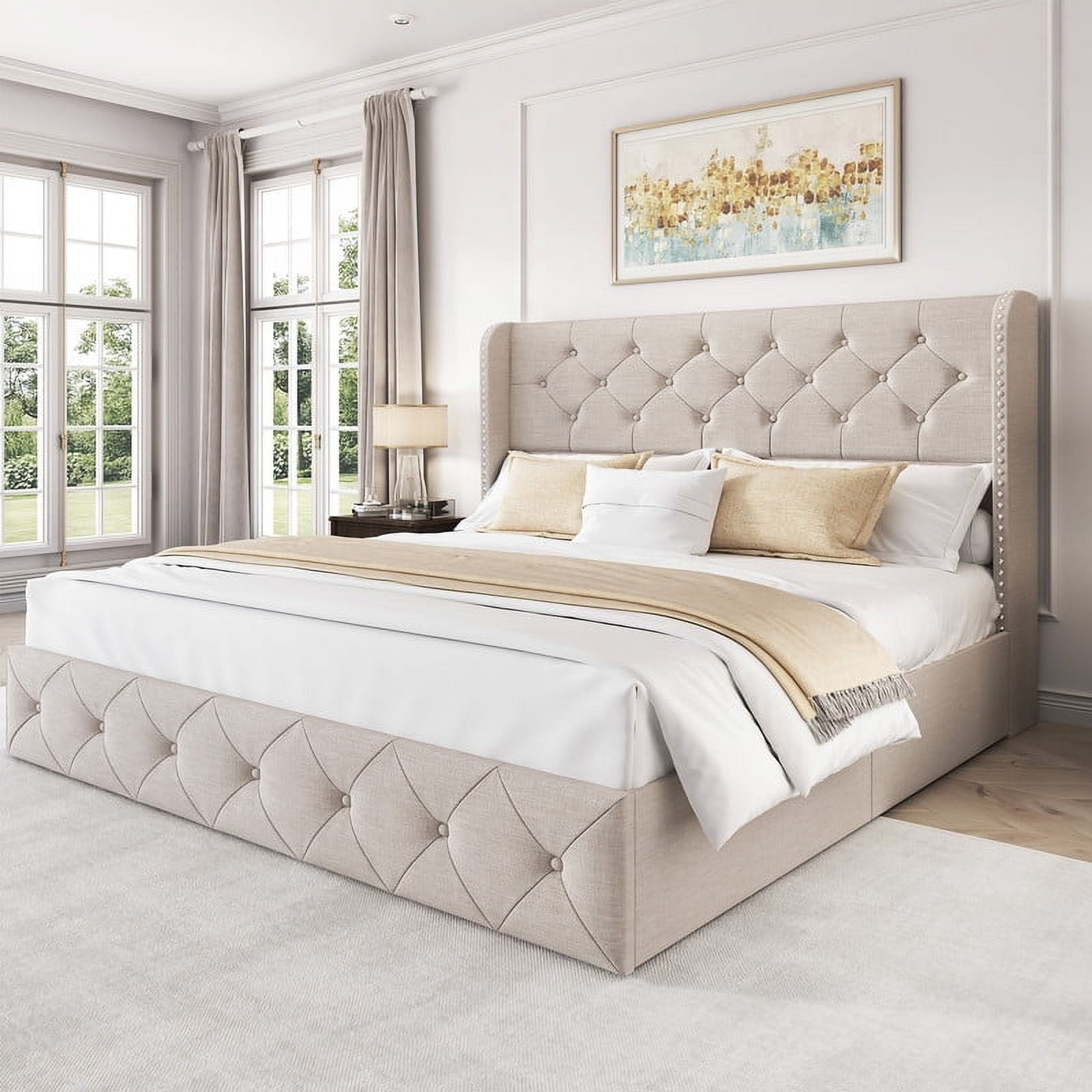 Breltam Queen Size Bed Frame with 4 Storage Drawers, Wingback Tufted Headboard, LED Lights, Beige Velvet Upholstered Platform Bed, No Box Spring Needed