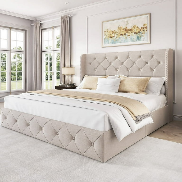 Tufted bed frame with drawers discount