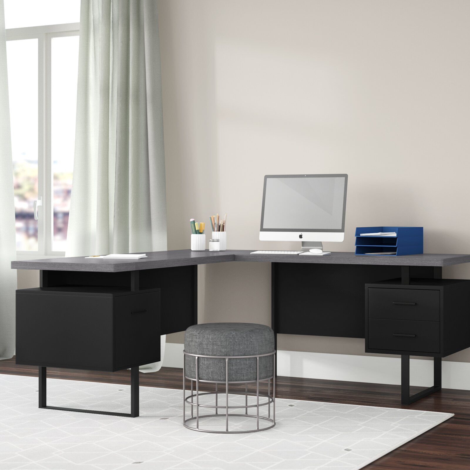Maire Reversible LShape Credenza desk, Drawers can conveniently be