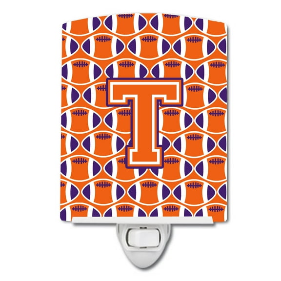 Caroline's Treasures CJ1072-TCNL Letter T Football Orange, White and Regalia Ceramic Night Light, 6x4x3", multicolor