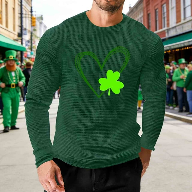 Ceisia Men Fashionable Casual Loose Elastic Long Sleeve Round Neck St Gift Patrick's Day Lucky Graphic Print T shirt for Daily Fit