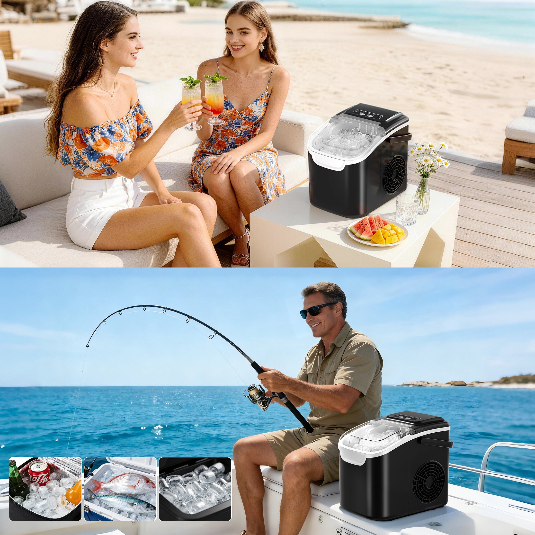 Auseo Countertop Ice Maker, 2 Sizes of Bullet Ice, 26Lbs/24H, 8 Ice Cubes in 6 Mins, Portable Ice Machine with Self-Cleaning for Home/Party/Travel/Camping (Black)