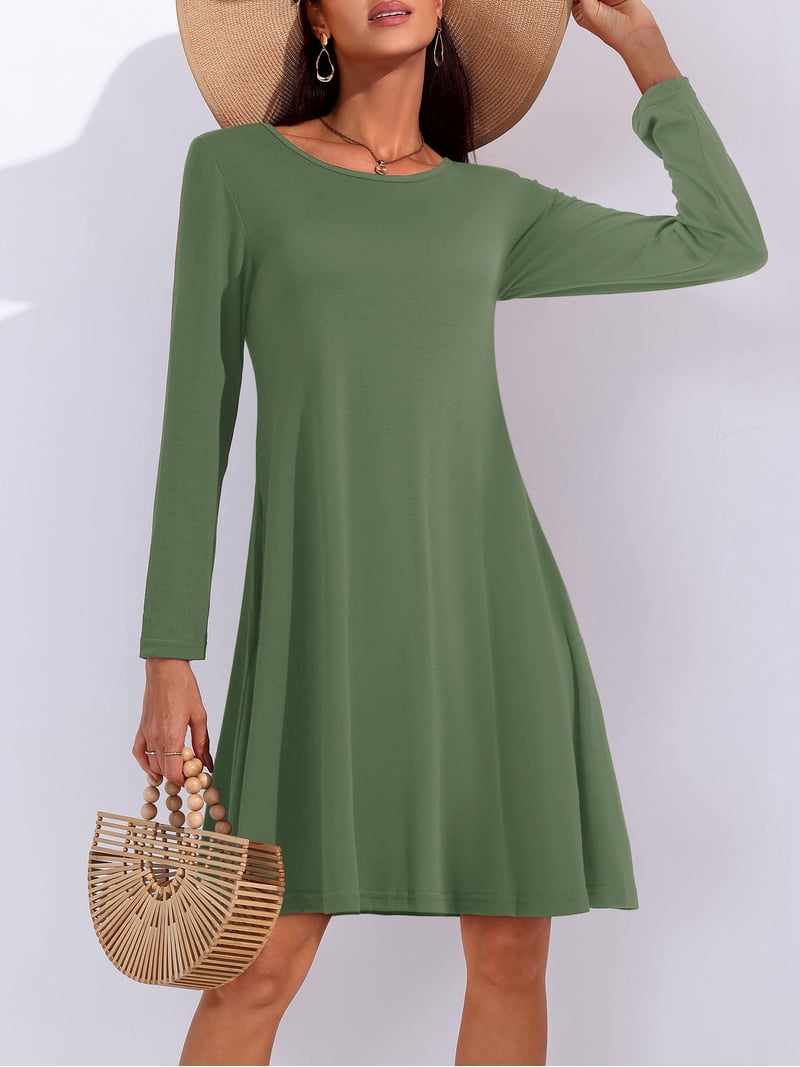 Fancyglim Women Long Sleeve Dresses Loose Fit Casual Swing T Shirt Dress  Green M - Walmart.com