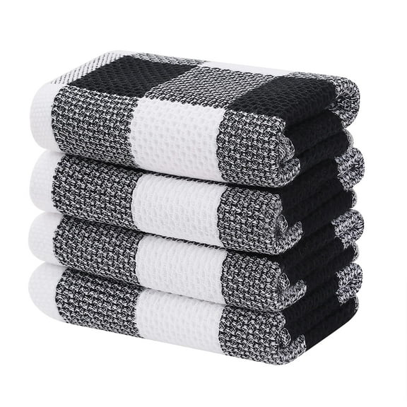 decorUhome 4-pack 100% Cotton Waffle Weave Kitchen Towels, 13x28 Inches, Super Soft and Absorbent Dish Towels, White & Black