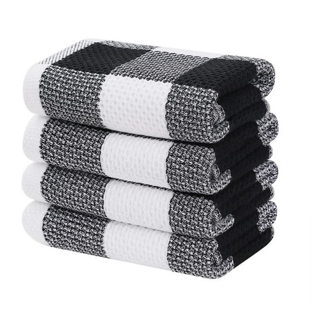 decorUhome 4-pack 100% Cotton Waffle Weave Kitchen Towels, 13x28 Inches, Super Soft and Absorbent Dish Towels, White & Black