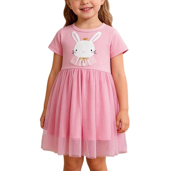 Kids Girls Pink Bunny Applique with Crown Princess Tulle Dress Short Sleeve Easter Birthday Party Outfit,Size 4 T