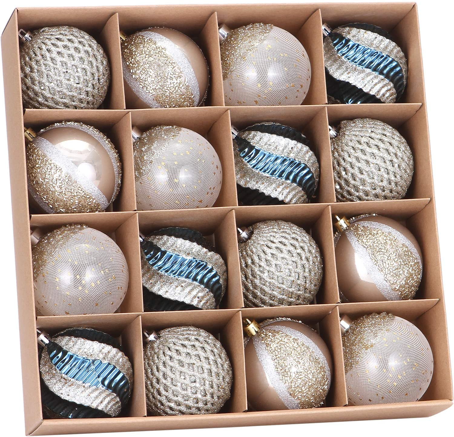 Stone Blue & Silver Grey Sea Team 80mm/3.15 Delicate Contrast Color Theme Painting & Glittering Christmas Tree Pendants Decorative Hanging Christmas Baubles Balls Ornaments Set 16 Pieces