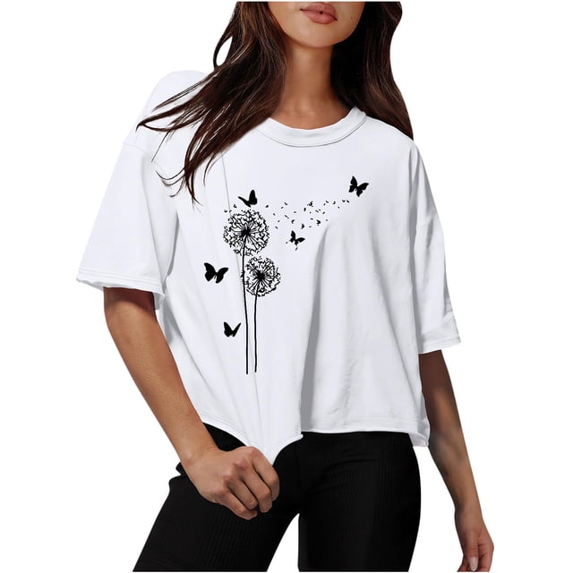 Women Drop Shoulder Round Neck Oversized Crop Tops Workout Tops Tees