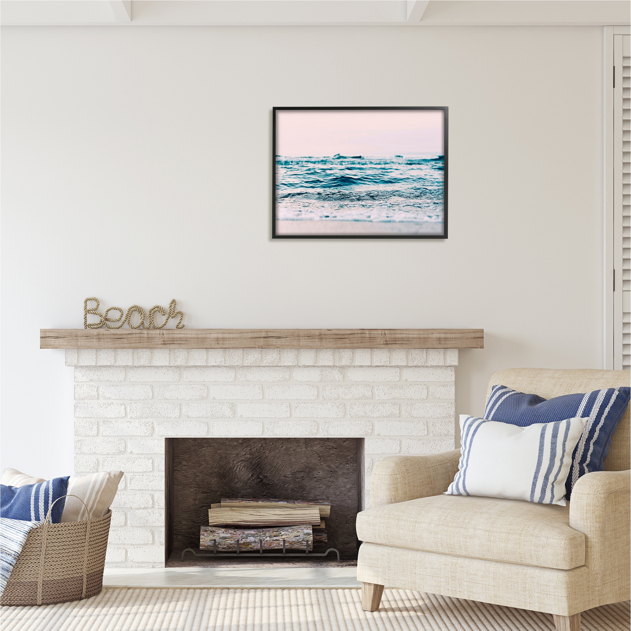 Stupell Industries Pink Sunrise Sea Waves Nature Photography Black Framed Art Print Wall Art, 30 x 24