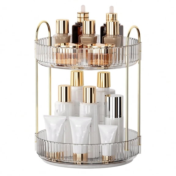 2-Tier 360° Rotating Lazy Susan Makeup Organizer, Amber Gold Acrylic Countertop Cosmetic Storage Rack for Skincare Perfume