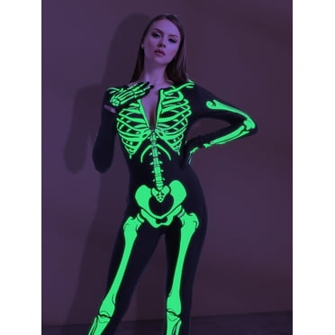 Joyfy Glow in the Dark Skeleton Costume for Adults Women Halloween Dress Up Party Role Playing Cosplay