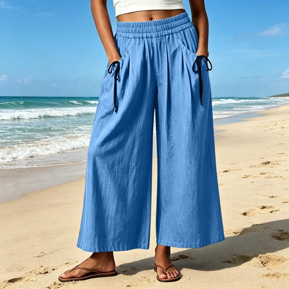 CQONEPT Wide Leg Pant for Womens Elastic Waist Elastic Waist Crop Pants Casual Flowy Loose Fit Trousers with Pocket Blue 3XL