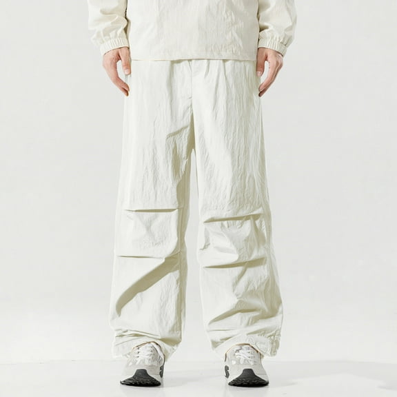 PiGOGI Men's Outdoor Sunscreen Joggers Pants Elastic Waist Drawstring Breathable Nylon Spandex Casual Comfortable White XL