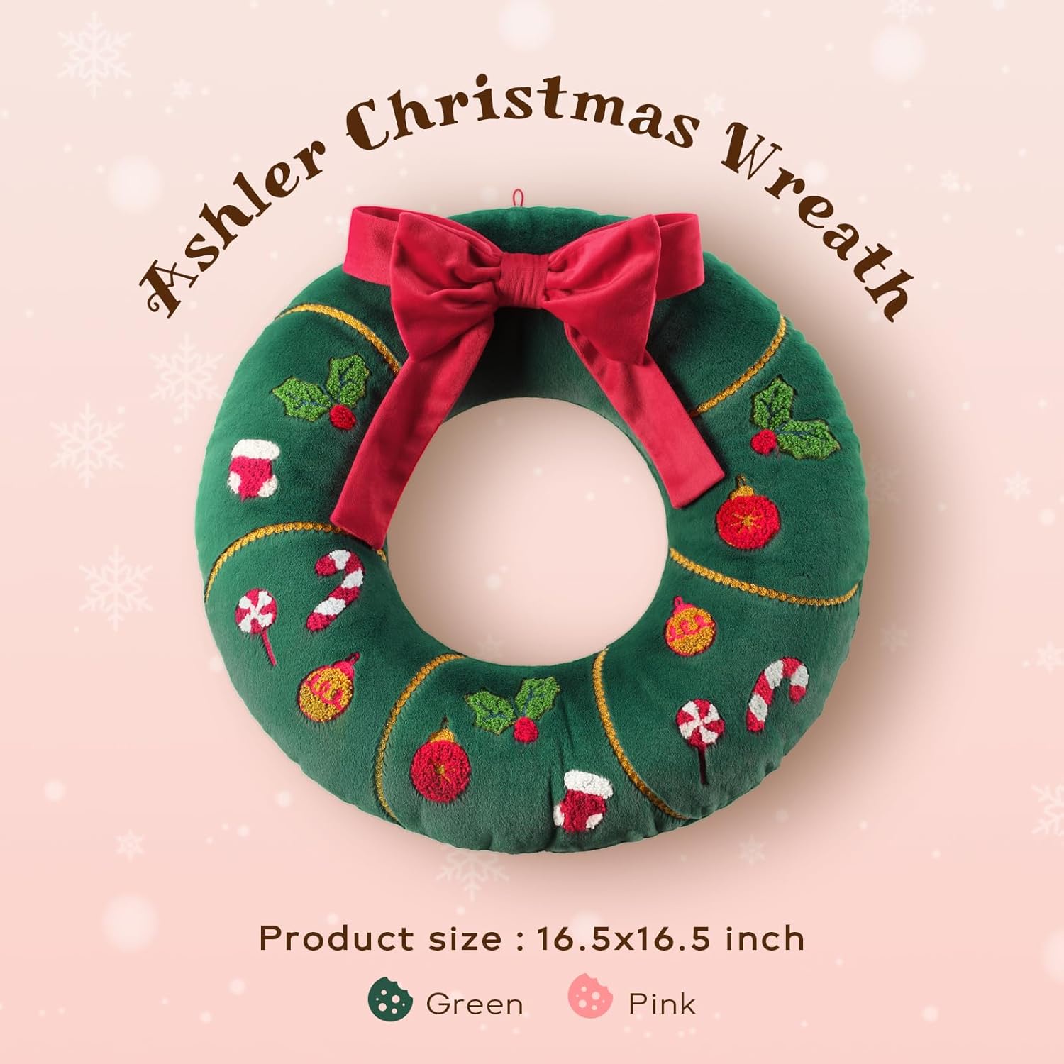 Christmas Wreath Shaped Throw Pillow, 16.5x16.5 Inch Soft Short Plush with 3D Bow & Embroidery, Green Decorative Cushion for Sofa and Bedroom
