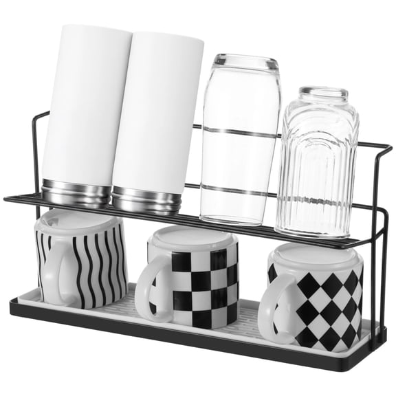 2-Tier Cup Holder Stand, Iron Countertop Organizer for Water Bottles Mugs, Coffee Tea Rack with Inclined Fast Drainage, Removable Tray, 15.7 In, Black