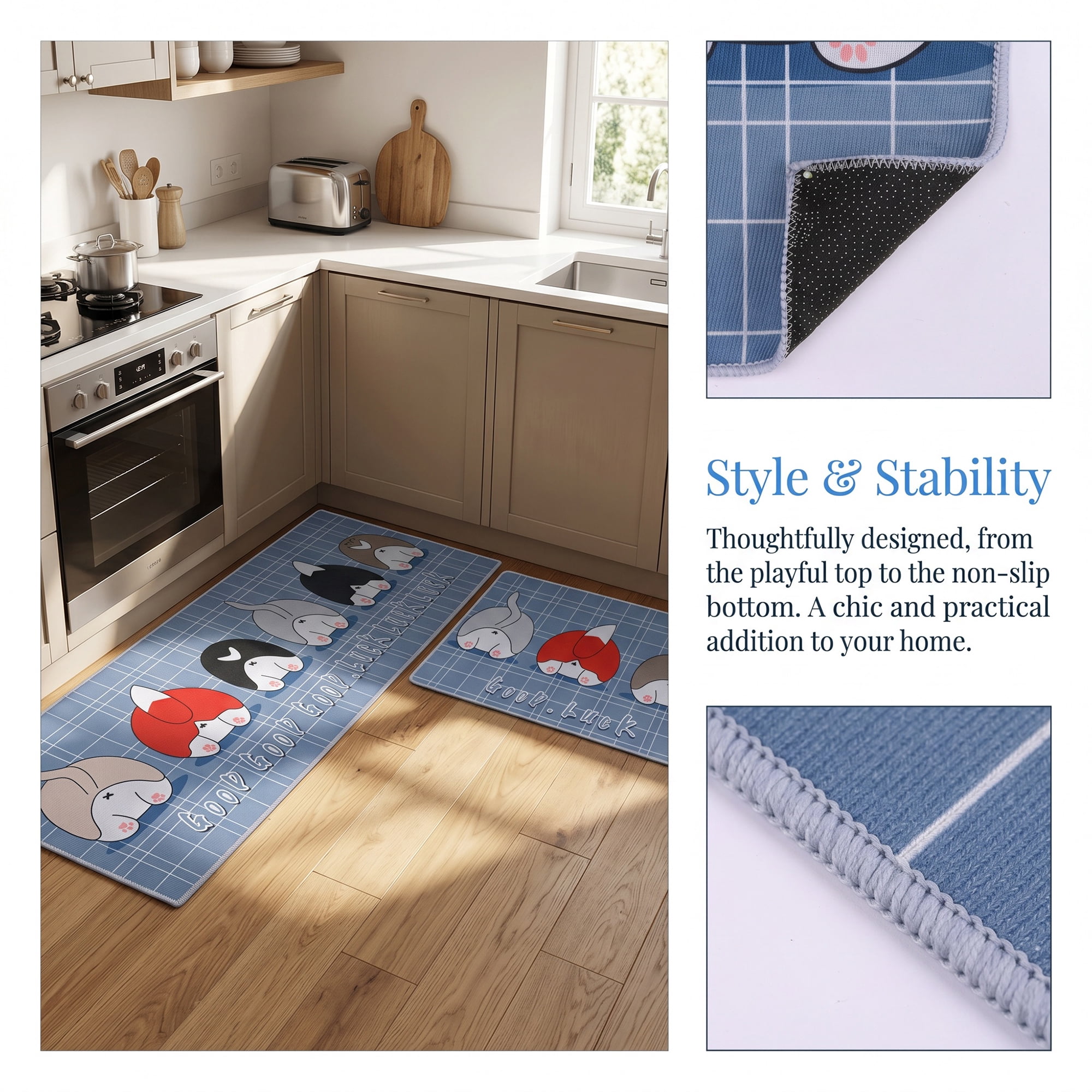 Unique Bargains Non Slip Dog Butt Floral Printed Kitchen Rugs and Mat Gray 24"x16"+47"x16"