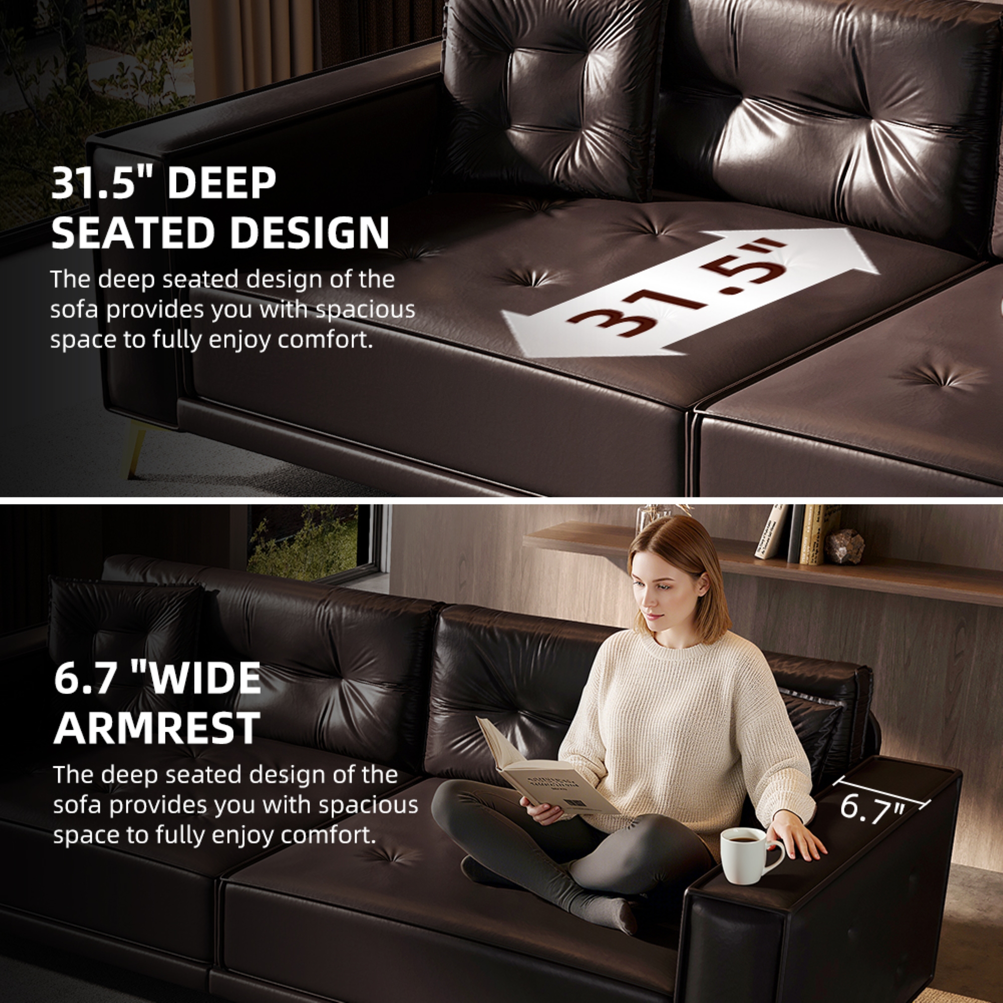 LLappuil King Size Pull Out Sofa Bed, Oversized Faux Leather 4 Seat Sofa Convertible Sleeper Sofa Bed Dark Brown