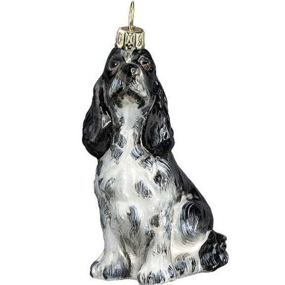 Black and White Springer Spaniel Dog Sitting Polish Glass Christmas Ornament