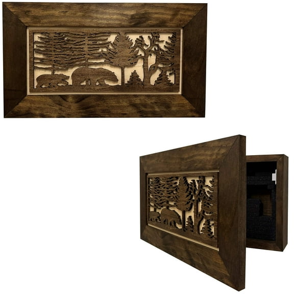 Bellewood Designs Wood Gun Cabinet Wall Decor, Bears in the Woods, Hidden Gun Safe, Secure Pistol Storage Rack