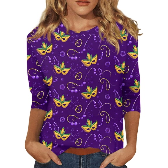 Hogleaql Mardi Gras Shirts for Women 3/4 Length Sleeve Crew Neck Lightweight Top Carnival Mask Prints Pullover Dressy Soft Shirt Oversized Blouses Dark Purple XL