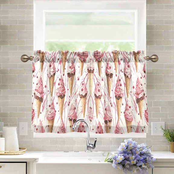Yayeee Kitchen Curtains Light Filtering 27"x36" Rod Pocket Short Cafe Window Panel, Pink Ice Cream Pattern
