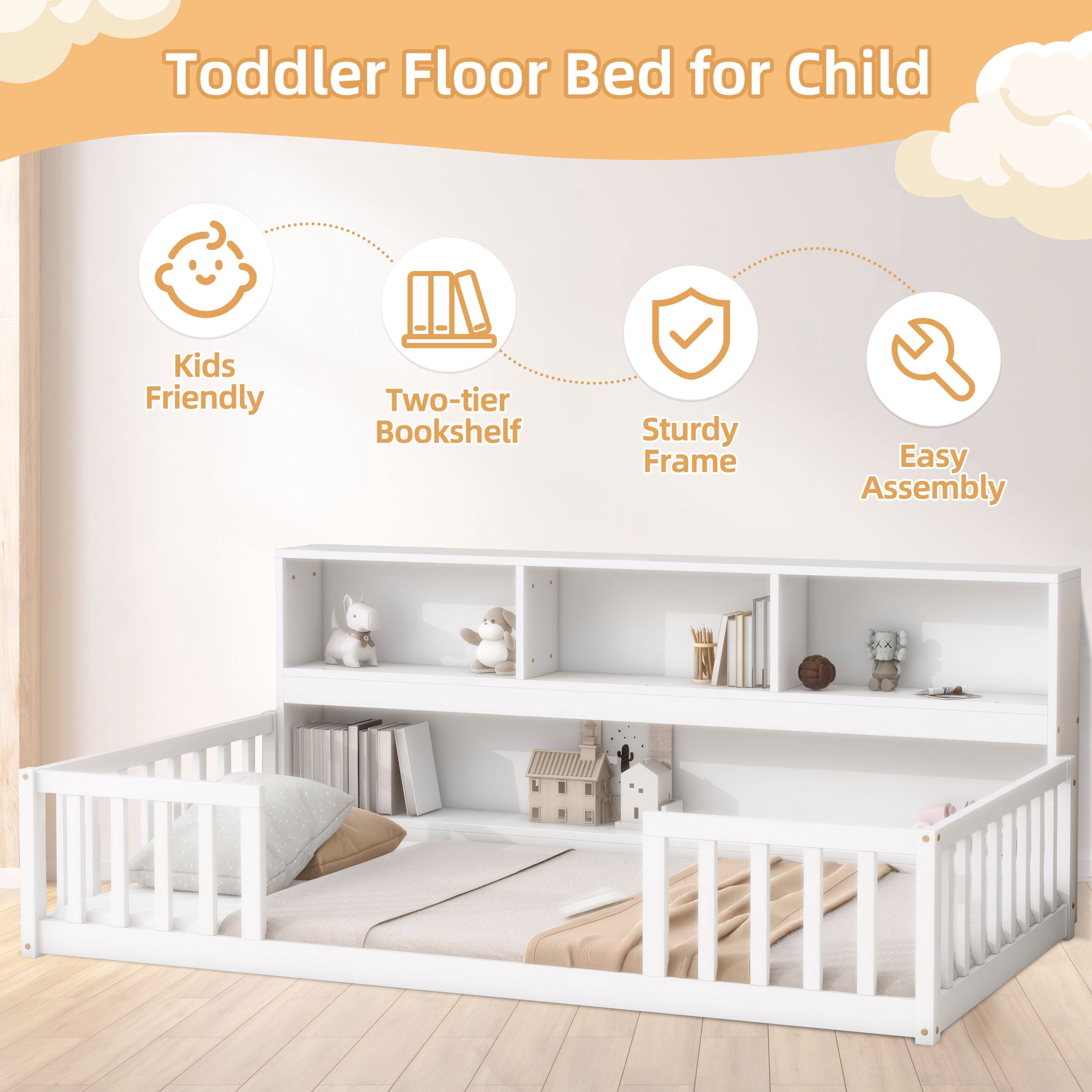 PORKISS Full Floor Bed Frame with Bookcase and Fence, Wood Kids Floor Bed with Storage Shelves, Montessori Bed, White