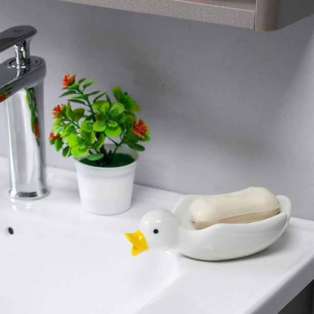 Xihbxyly Jabonera de Cerámica, Diseño Único En Forma de Pato, Autodrenante, Ideal para Encimeras de Baño y Duchas, Práctico Organizador de Jabón, Color Blanco, 15 X 20 X 10 Cm.