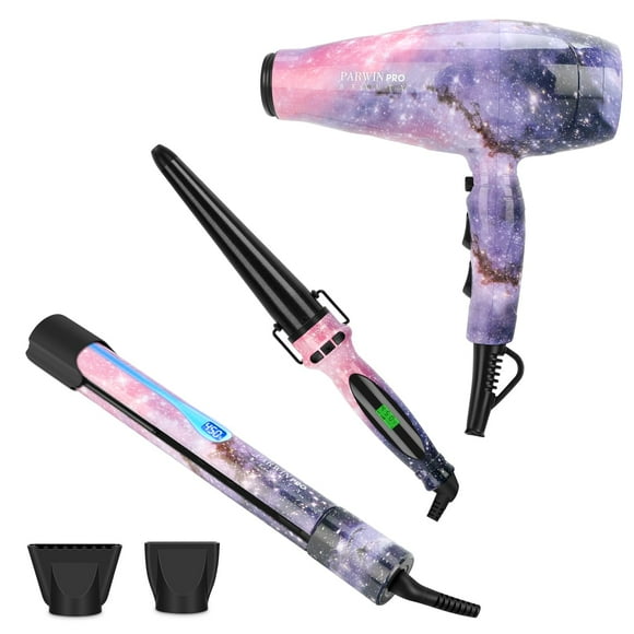 Séchoir à Cheveux 3 en 1 1875 W + Fer à Lisser + Fer à Friser, PARWIN PRO BEAUTY Ensemble de Coiffage, Séchoir à Cheveux Ionique, Fer Plat Lisseur, Fer à Friser Cône, Coffret Cadeau, Motif Galaxie