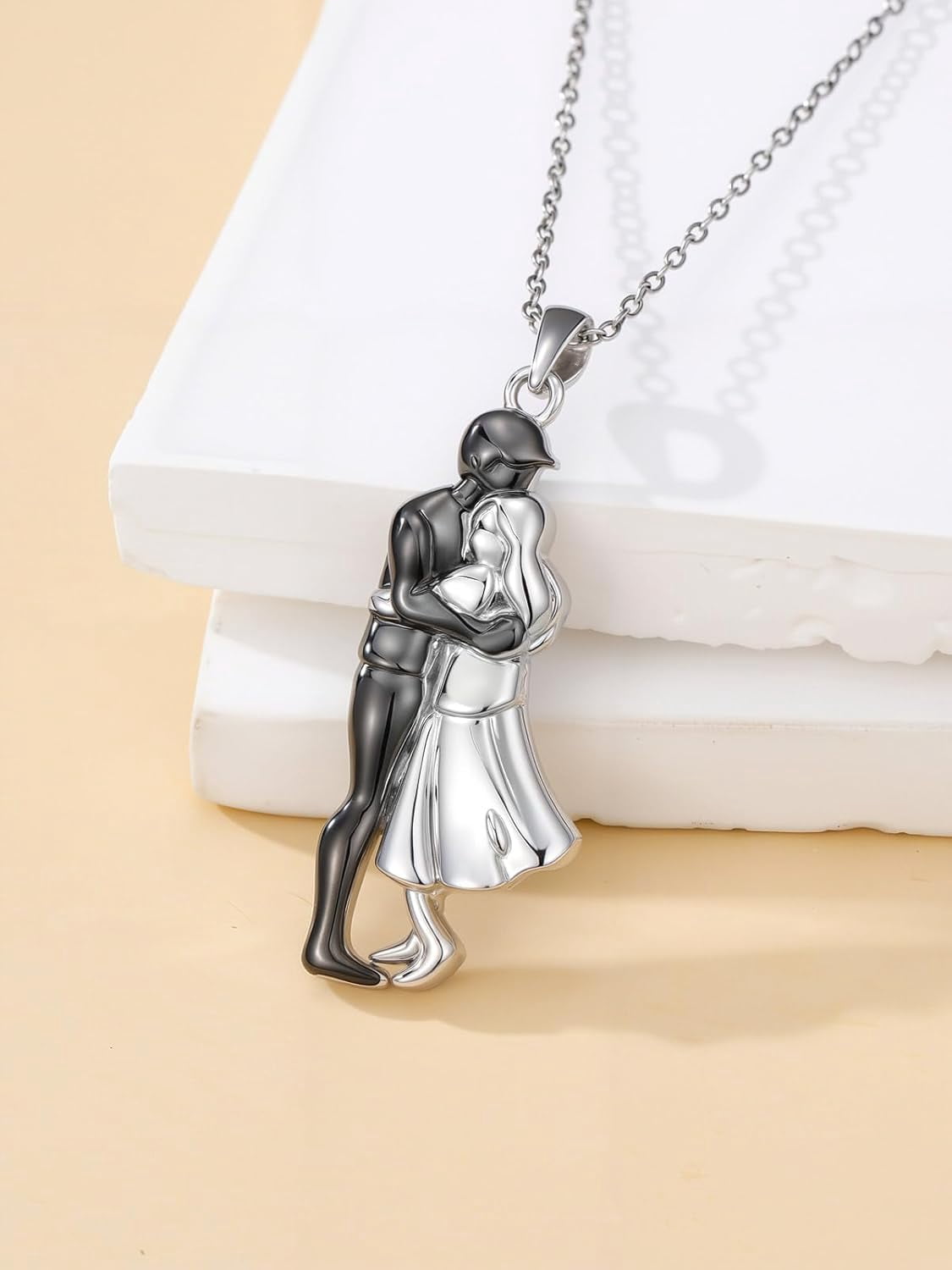 Hug Couple Necklace 925 Sterling Silver Man and Woman Couple Hugging Pendant Necklace Anniversary Valentines day Jewelry Gifts for Women Wife Friend Him and Her